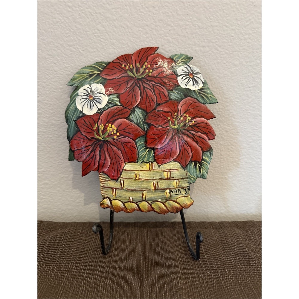 Hand Painted‎ Christmas Poinsettia Basket Wall Hanger Door Decor Metal Prantz